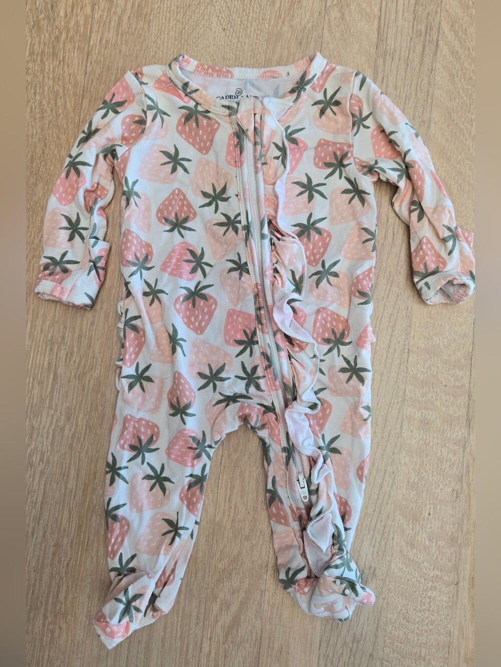 Caden Lane Pink Strawberry Ruffle Zip Footie